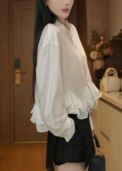 White Stand Collar Ruffled Cotton Blouses Fall