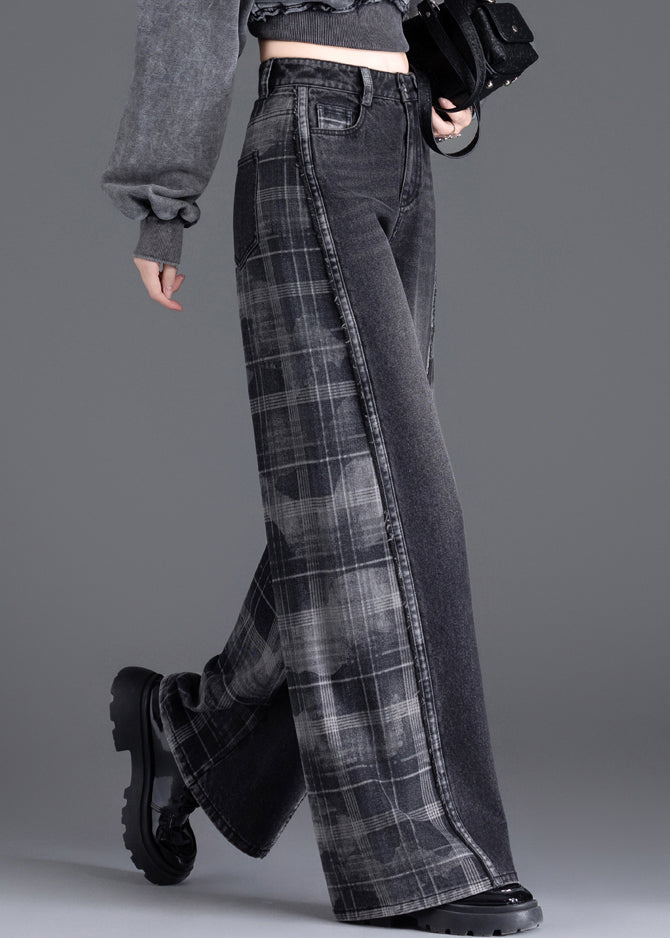 New Black Pockets Plaid Patchwork Warm Fleece Denim Pants Spring
