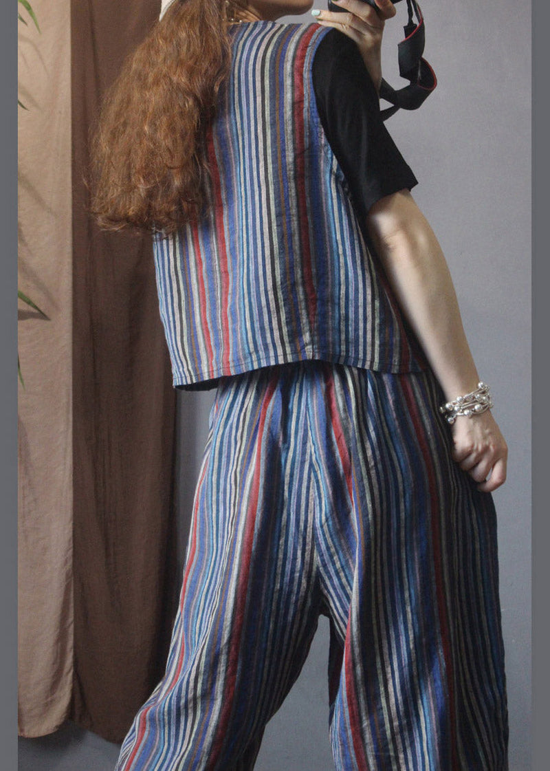 Red Blue Striped Linen Waistcoat and Beam Pants Two Piece Set Outfits Summer