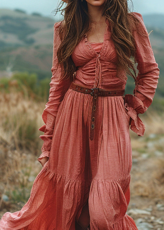 V Neck Ruffled Patchwork Cotton Long Dress Spring