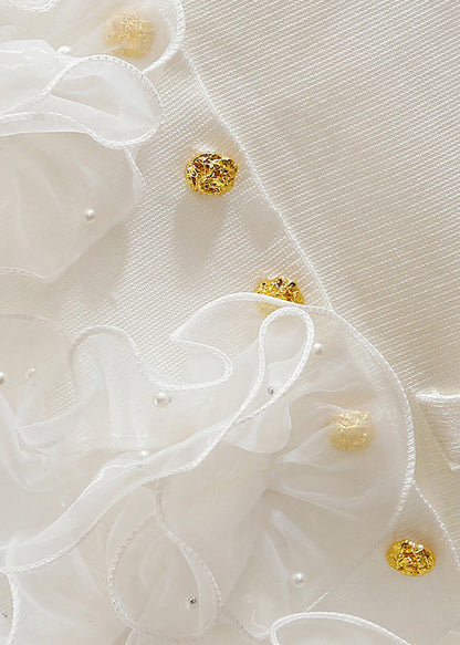 White V Neck Button Tulle Patchwork Cotton Waistcoat Sleeveless