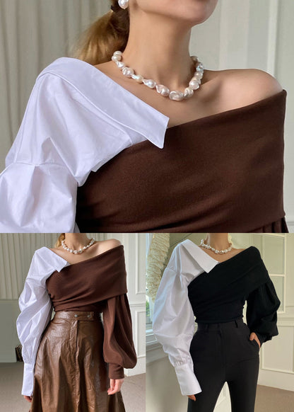 Brown Asymmetrical Patchwork Cotton Knit Top Fall