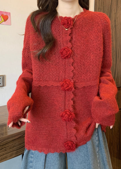 Red Oversized Three-dimensional Knitted Tops Fall