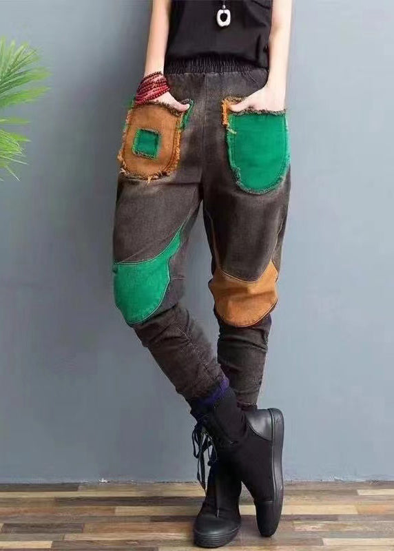 New Elastic Waist Patchwork Warm Fleece Denim Pants Spring