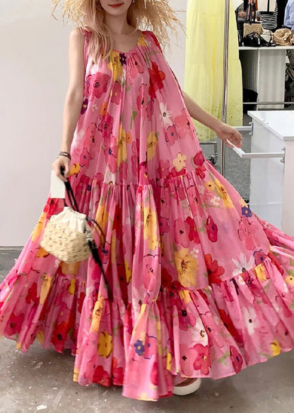 Pink Print Wrinkled Patchwork Strap Dress Summer