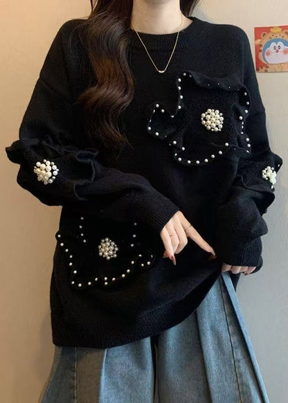 French Rose O Neck Nail Bead Knit Sweater Tops Spring
