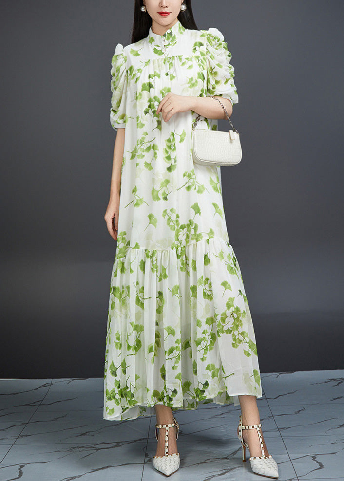 Green Wrinkled Print Tie Waist Chiffon Dress Summer