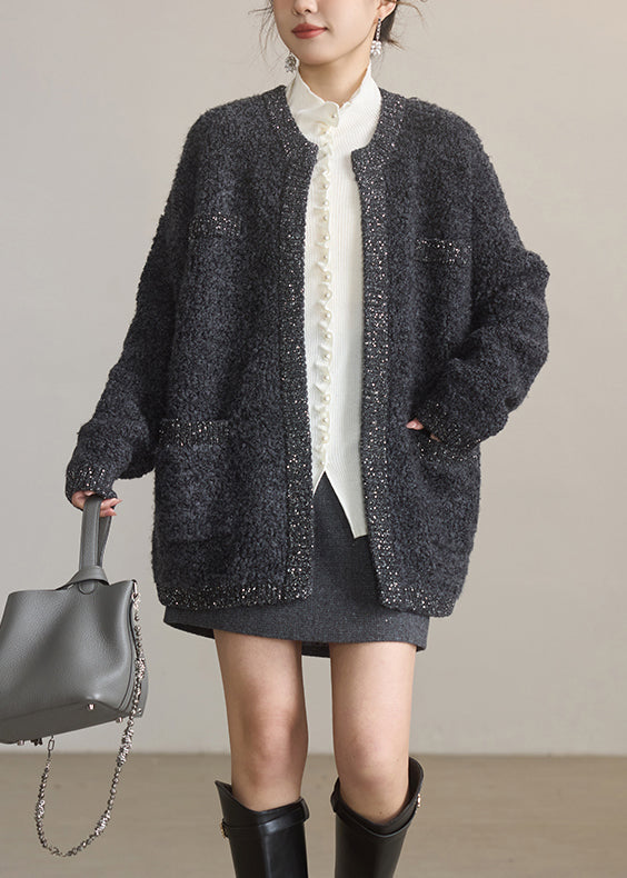 Dark Grey O Neck Sequins Woolen Cardigans Winter