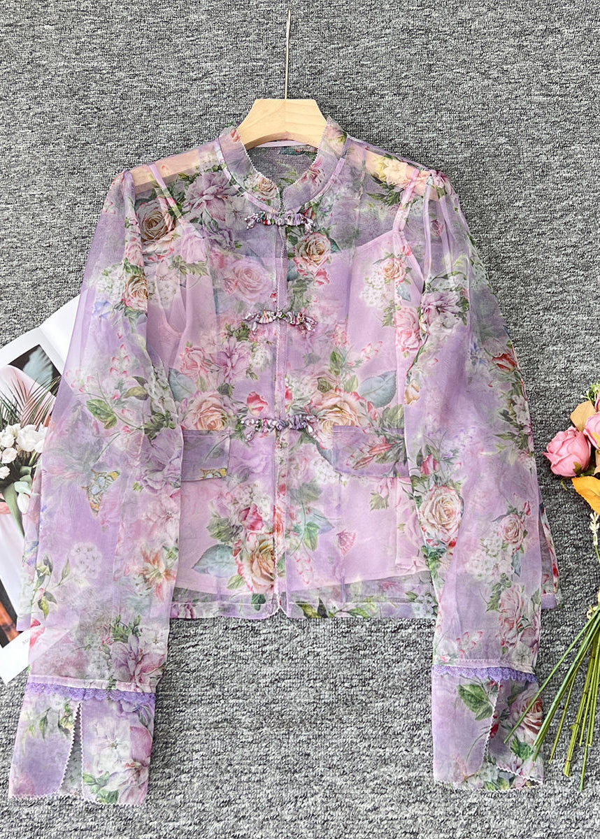 Pink O-neck Print Patchwork Organza Shirts Long Sleeve