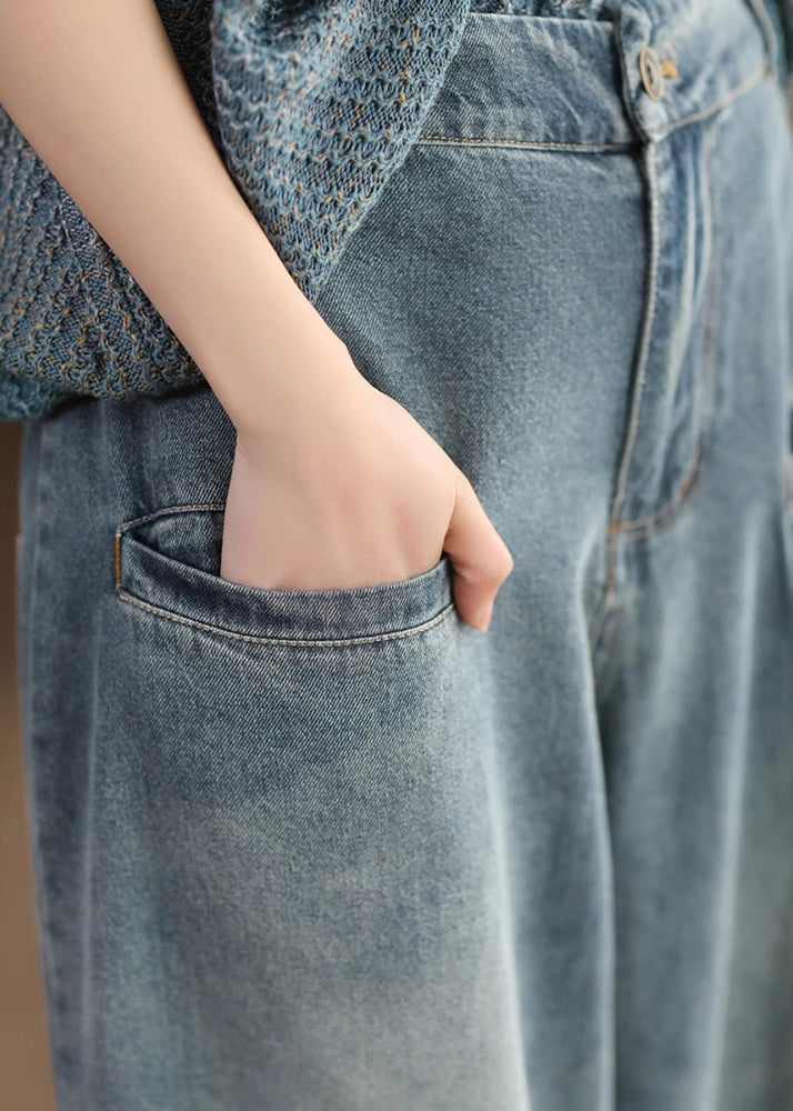 Blue Pockets High Waist Denim Wide Leg Pants Spring