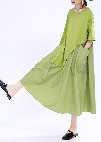 Organic Green O-neck Loose Ankle Summer Cotton Dress