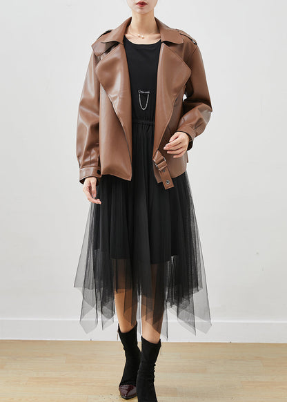 Khaki Faux Leather Coats and Tull Dress Two Piece Suit Set Oversized Spring