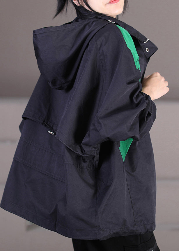 Black Drawstring Patchwork Zippered Button Hooded Trench Coats Fall