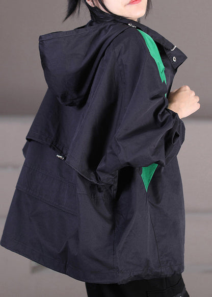 Black Drawstring Patchwork Zippered Button Hooded Trench Coats Fall