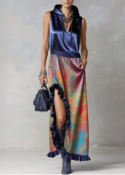 Italian Navy Ruffled Patchwork Print Silk Robe Dresses Sleeveless