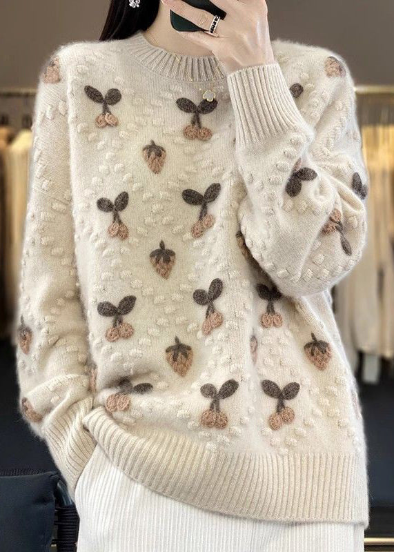 Beige O Neck Cozy Cotton Knit Sweaters Long Sleeve