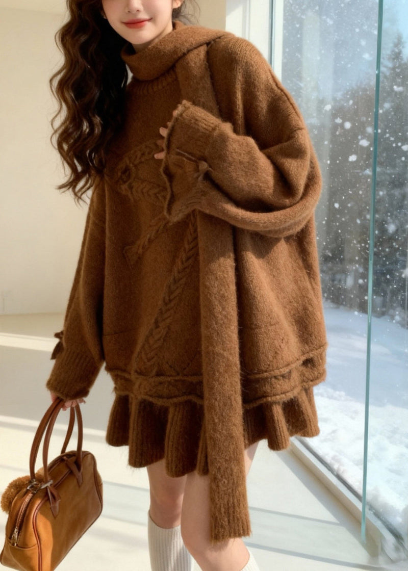 Brown Warm Knit Two Piece Set Clothing Oversized Bow Winter