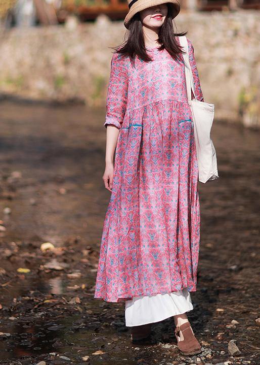 O-neck Wrinkled Summer Tutorials Pink Print Dress