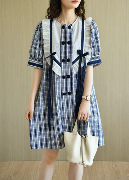Classy Blue Plaid Ruffled O-neck Button Summer Dresses Half Sleeve