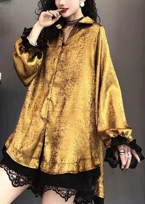 Green Peter Pan Collar Lace Patchwork Silk Shirt Long Sleeve