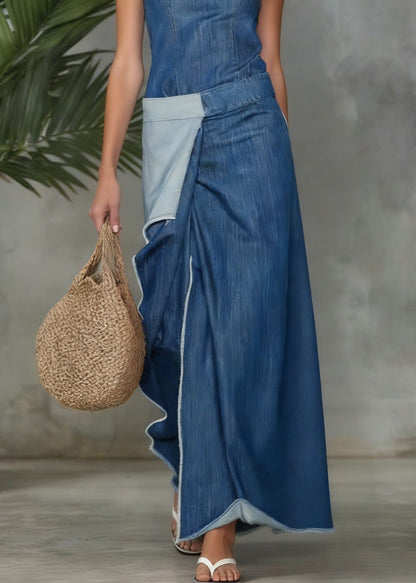 Plain Spliced Sleeveless Maxi Denim Dress