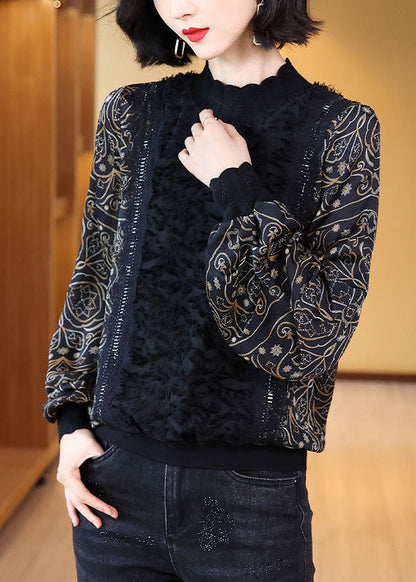 Diy Black Stand Collar Oversized Patchwork Print Chiffon Shirt Top Lantern Sleeve