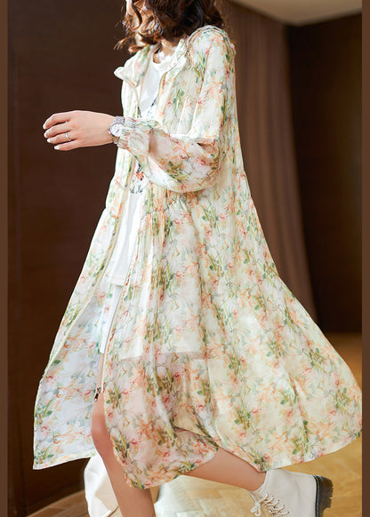 Natural Light Green Print Chiffon Hooded Upf 50+ Coat Summer