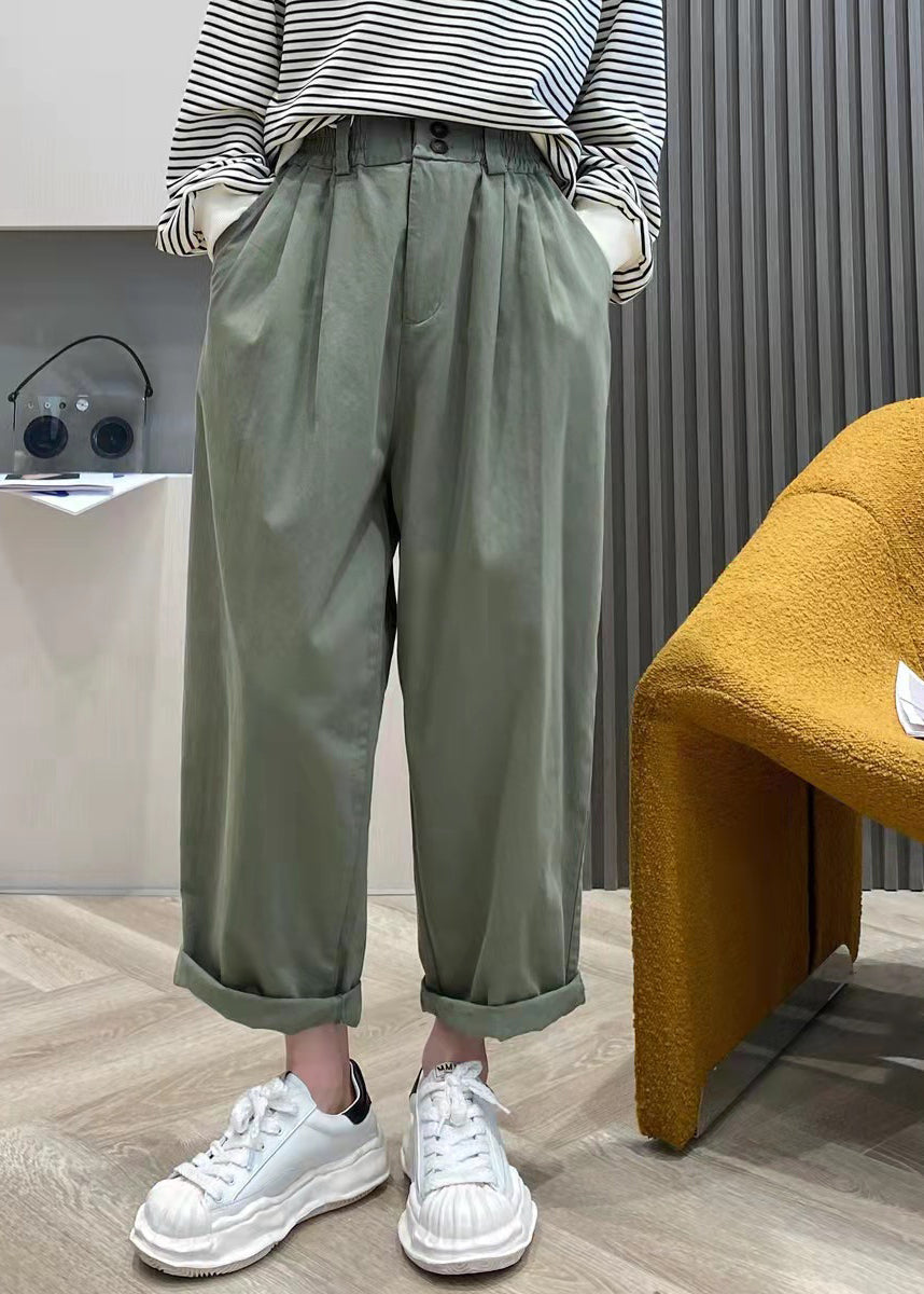 Pink Elastic Waist Wrinkled Pockets Cotton Pants Spring