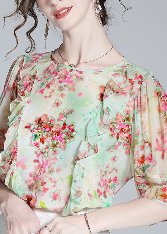 Light Green O-neck Ruffled Print Silk Shirts Half Sleeve