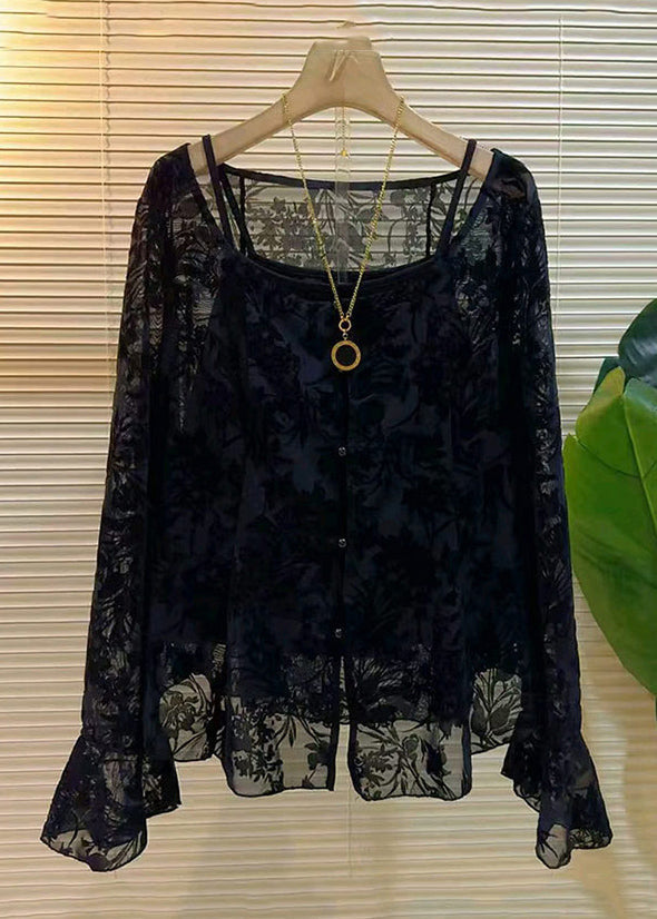 Novelty Black Hollow Out Button Tank and Shirts Two Pieces Set Flare Sleeve