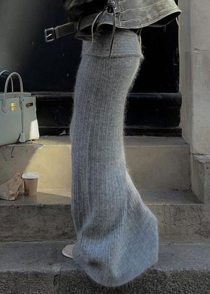 Grey High Waist Knit Wraped Skirt Spring