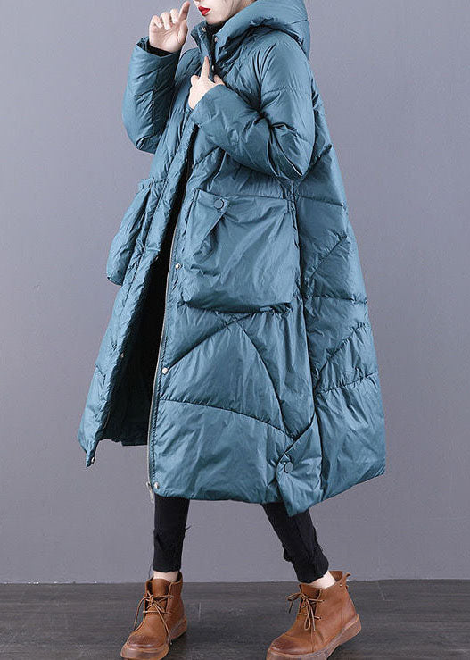 Blue-green Hooded Zippered Oversized Thick Duck Down Puffers Jackets Winter