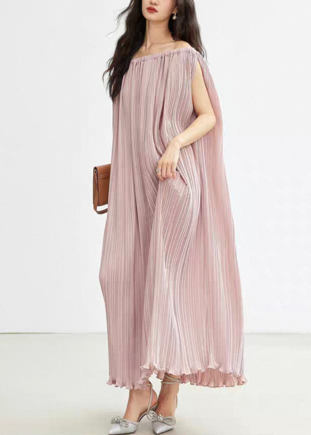 Pink Slash Neck Wrinkled Cotton Long Dresses Summer