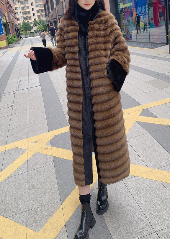 Style Coffee Peter Pan Collar Patchwork Leather and Fur Long Coats Winter