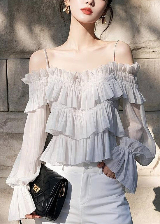 New Light Grey Ruffled Chiffon Blouses Butterfly Sleeve