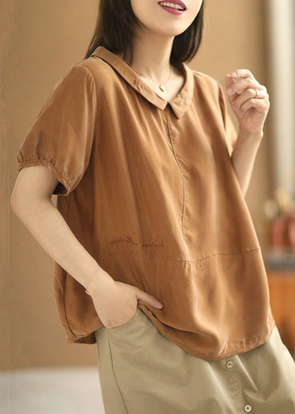 Loose Caramel Peter Pan Collar Silk Cotton Tops Summer
