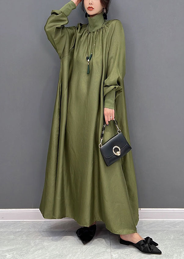 Modern Army Green High Neck Oversized Color Silk Dress Fall