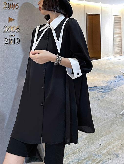 Black Patchwork Cotton Button Summer Robe Dresses