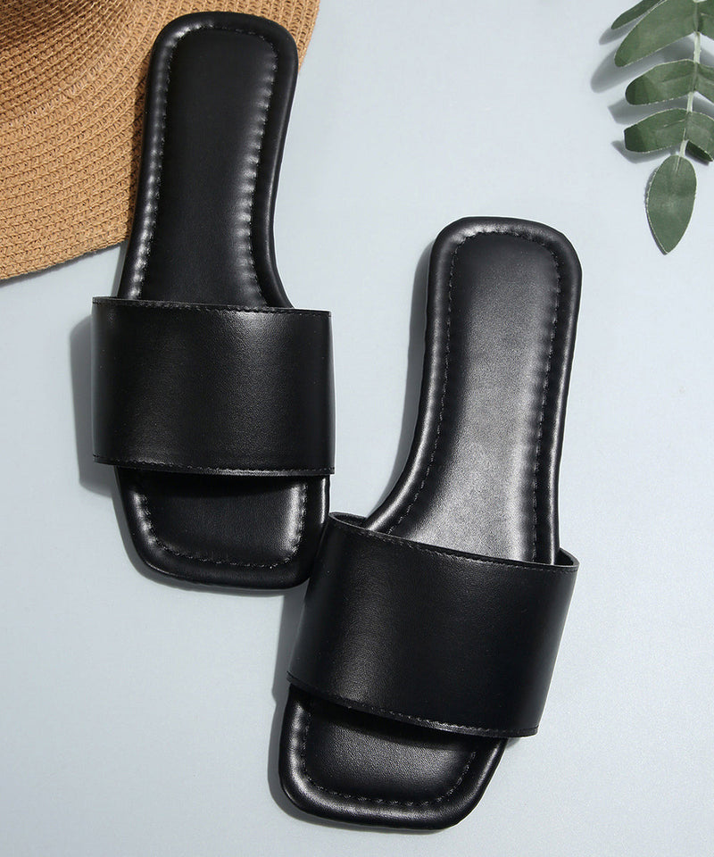 Black Faux Leather Slide Sandals Peep Toe