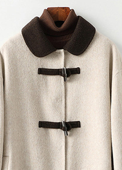 Beige Square Collar Button Woolen Long Coats Fall