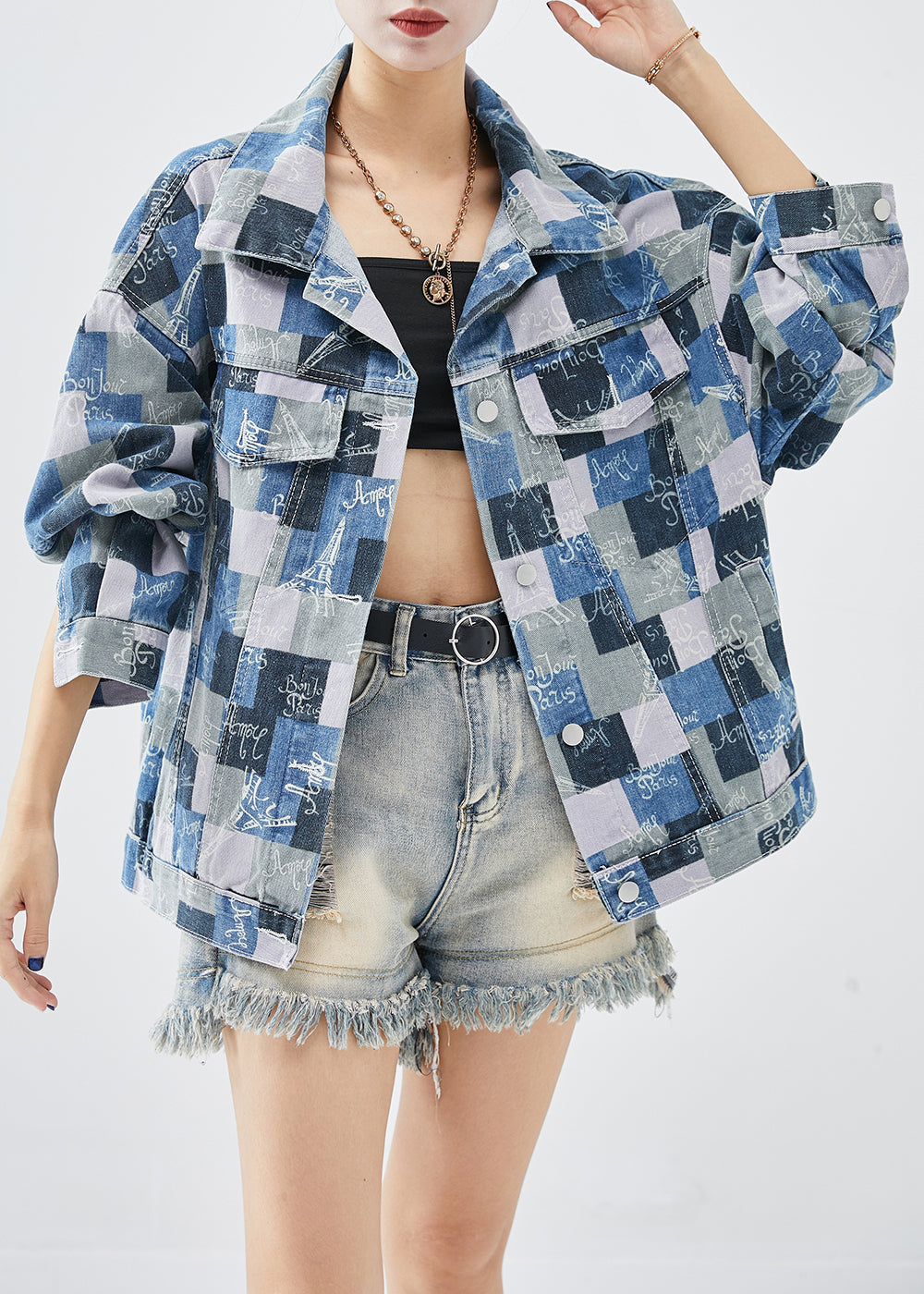 Colorblock Oversized Plaid Denim Coats Fall