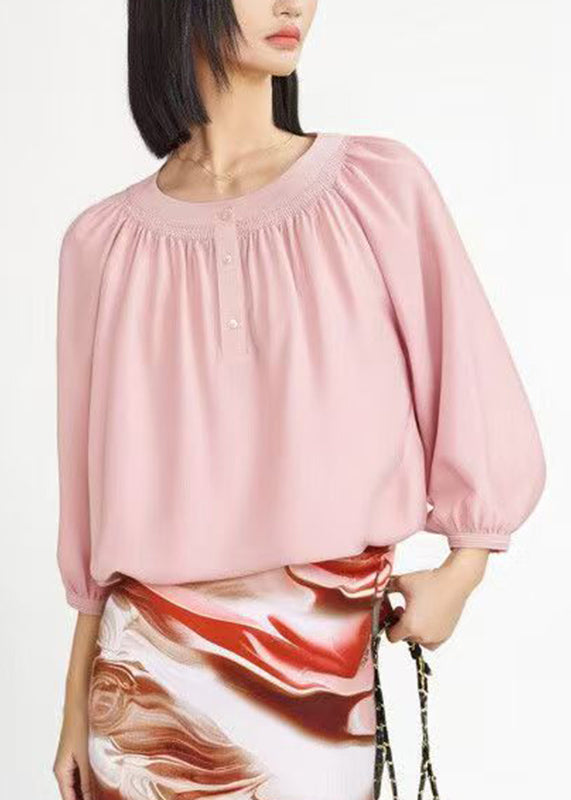 Organic Pink O-neck Wrinkled Shirts Half Sleeve