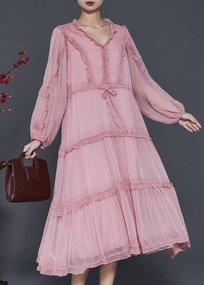 Pink Ruffled Tie Waist Chiffon Vacation Dresses Spring