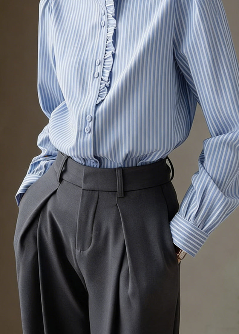 Blue Ruffled Striped Cotton Shirt Tops Spring