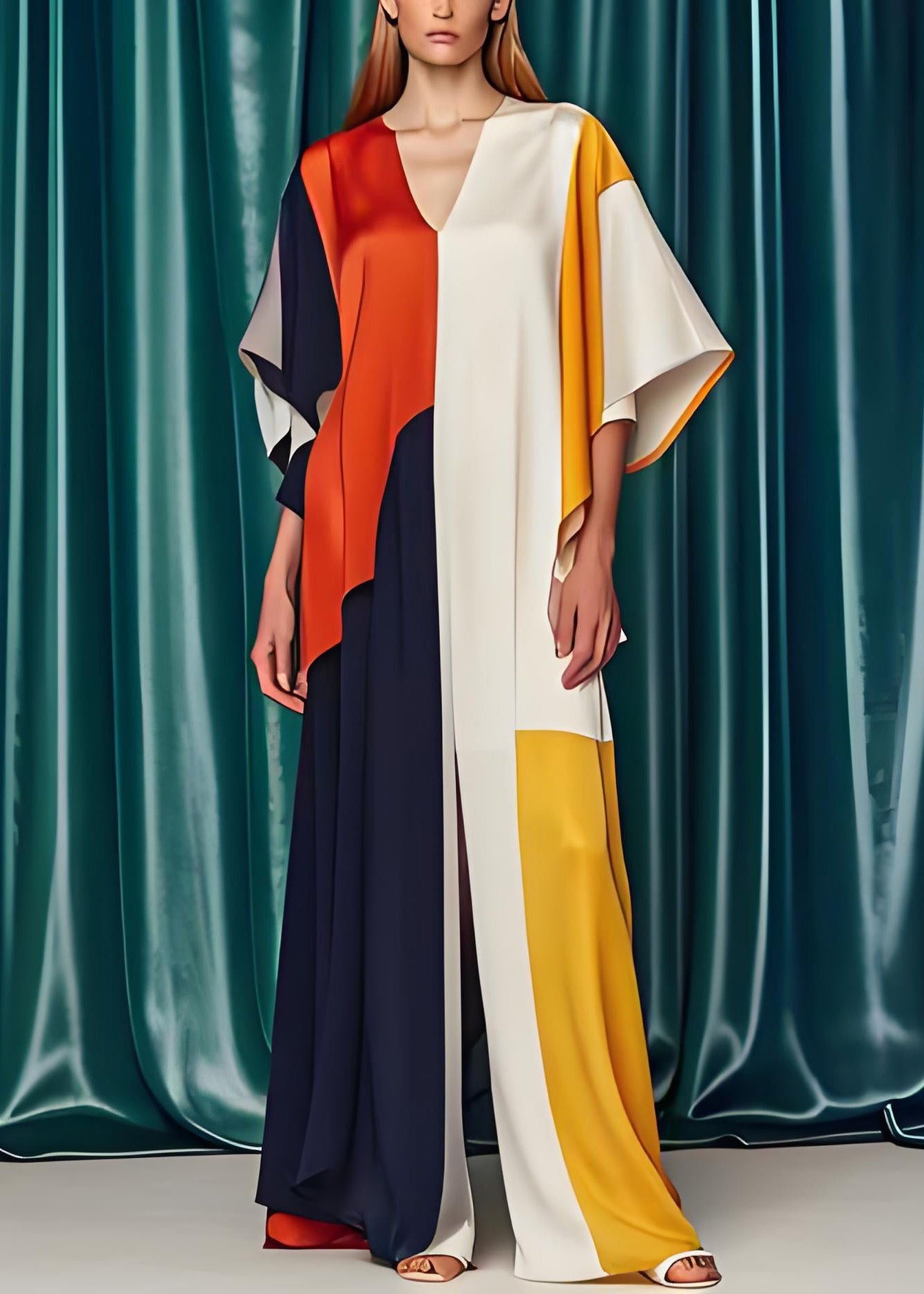 Colorblock V Neck Silk Jumpsuits Summer
