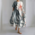 Comstylish Vintage Loose Japanese Art Octopus Floral Print Midi Dress