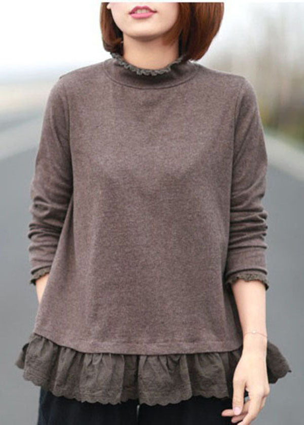 Chocolate Stand Collar Patchwork Ruffles Cotton Tops Spring