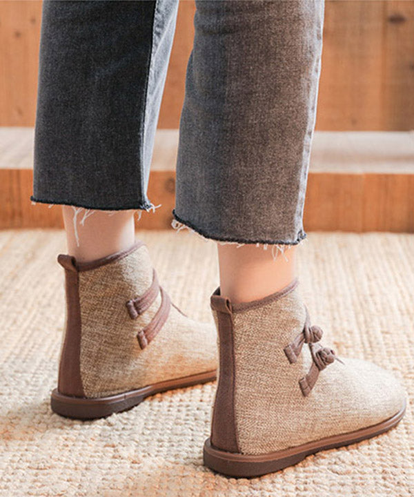 Buckle Strap Ankle Boots Khaki Comfy Cotton Fabric