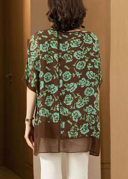 Green O Neck Print Patchwork Chiffon T Shirt Summer