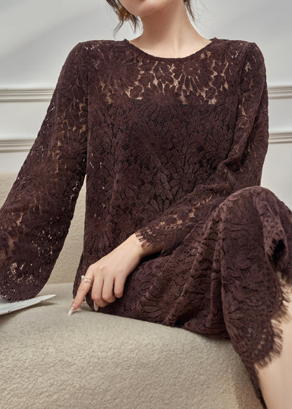 Coffee O Neck Hollow Out Lace Two Pieces Set Fall